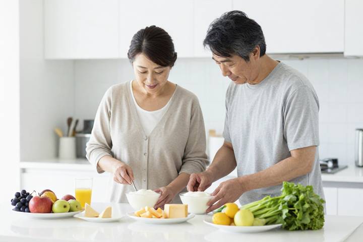 バランスの良い食事を用意する夫婦の風景