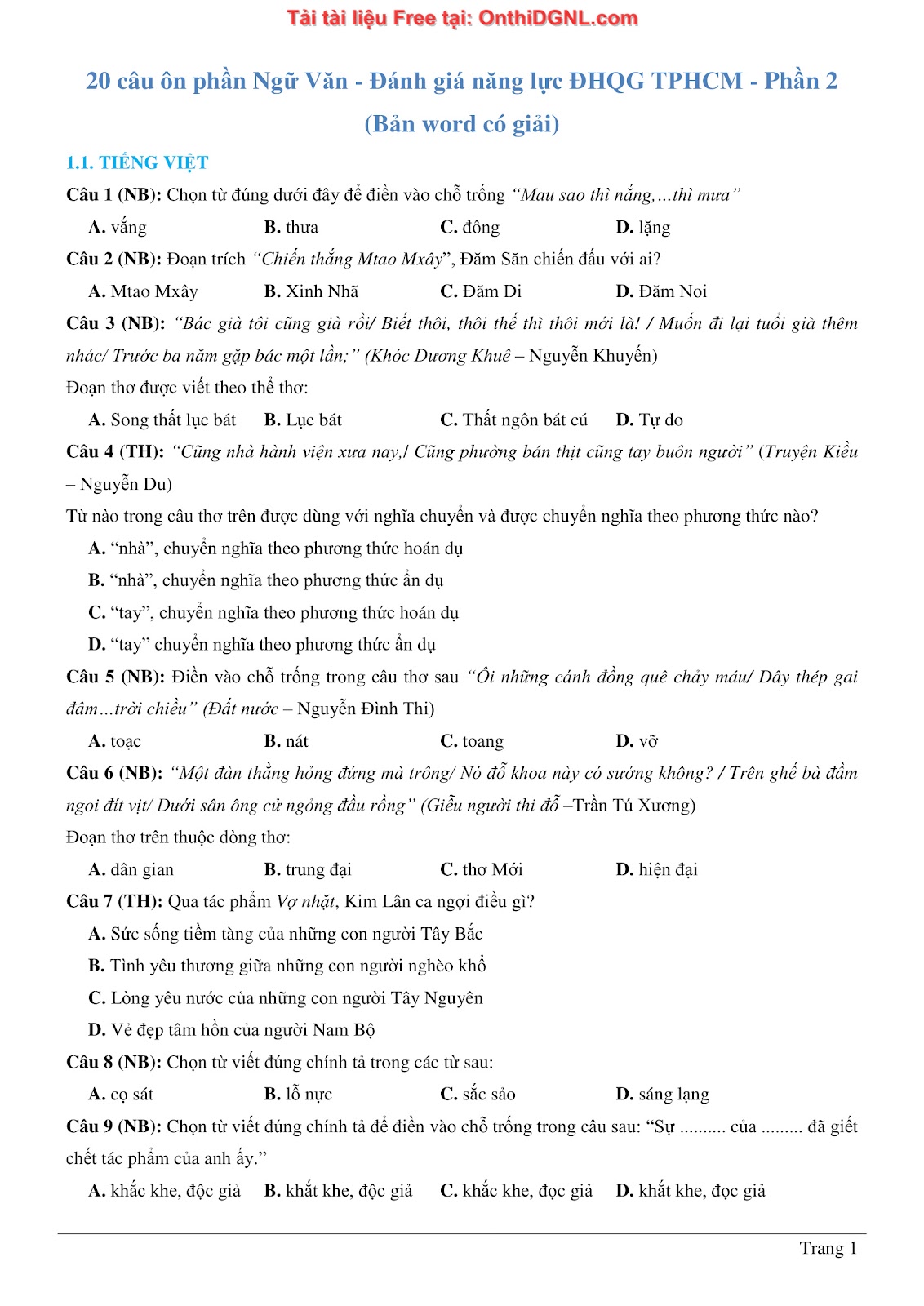 500 bài tập môn Ngữ Văn - Ôn thi ĐGNL ĐHQG TP HCM Phần 2