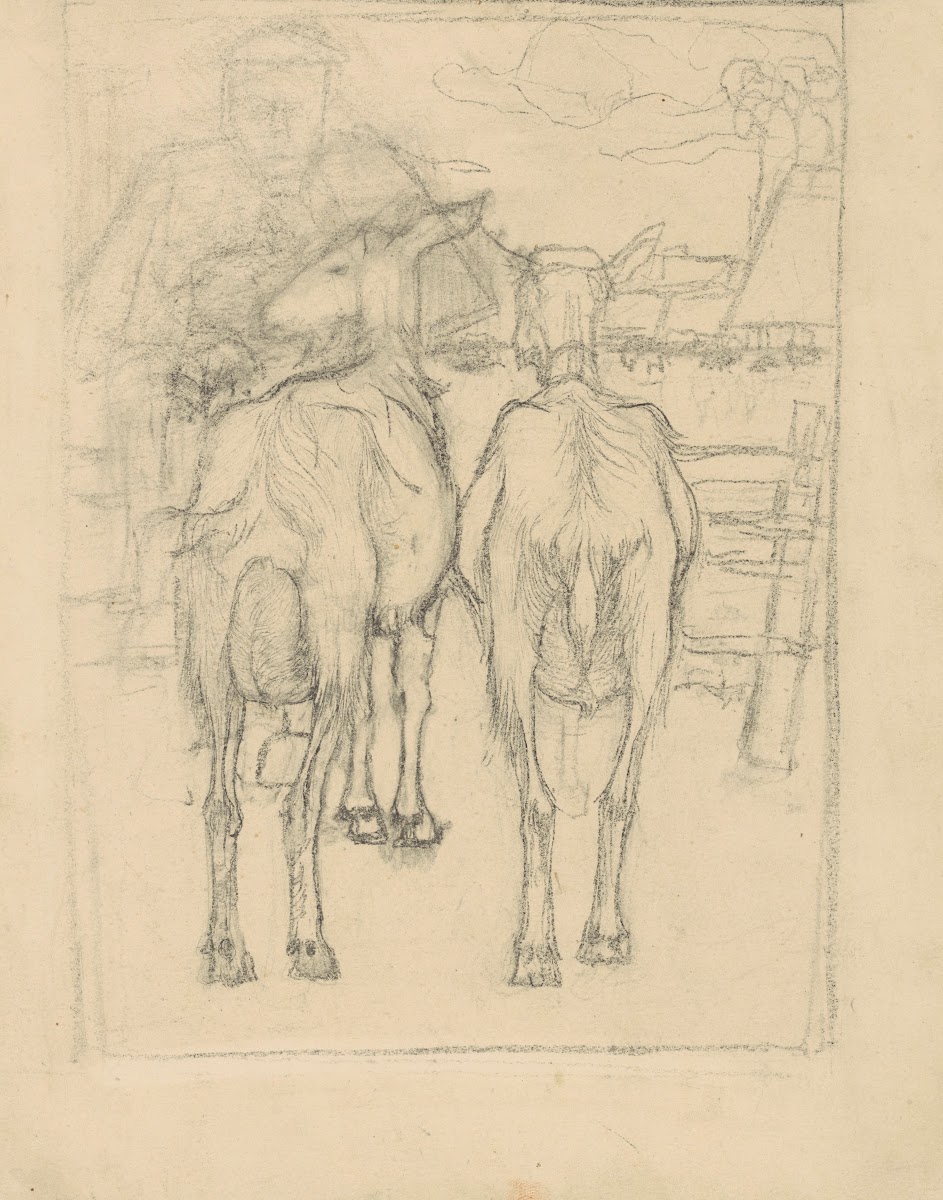 Twee geiten van achteren gezien en een boer bij een hek 1900 1920