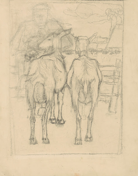 Twee geiten van achteren gezien en een boer bij een hek 1900 1920