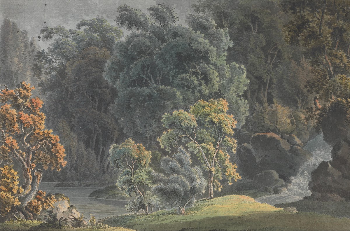 River Scene with Waterfall and High Trees 1792