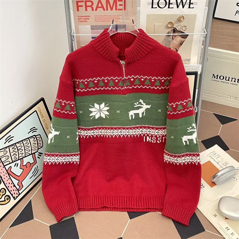 Knitted pullover with half zipper