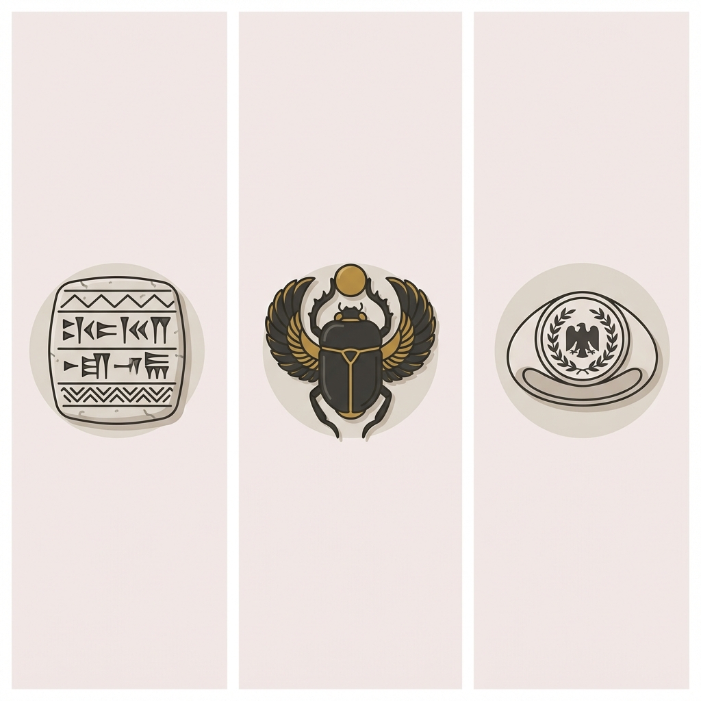 Minimalist 2D vector comparative panel depicting a Mesopotamian clay impression an Egyptian scarab and a Roman ancient signet ring on a warm neutral Aurora Antiqua background