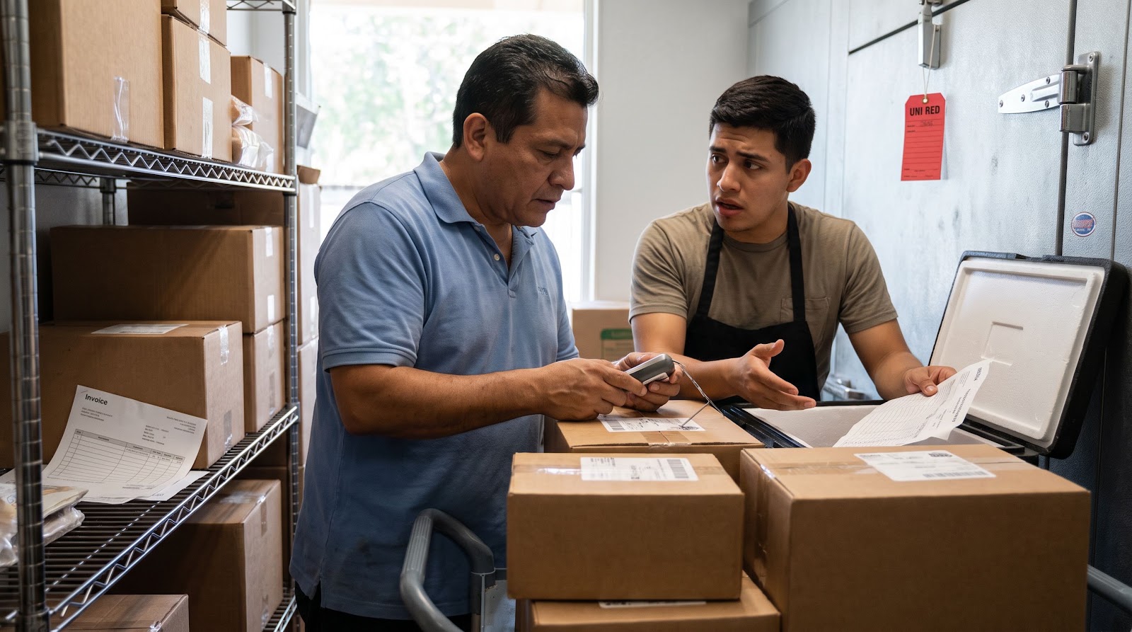 Restaurant owner checking food storage procedures to reduce florida restaurant food poisoning liability in a Florida restaurant