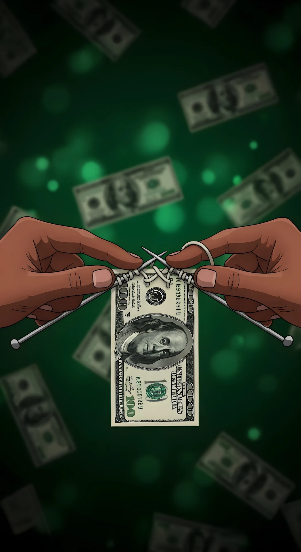 Conceptual Illustration of Hands Knitting a Dollar Bill Financial Art - Free 4K mobile Wallpaper