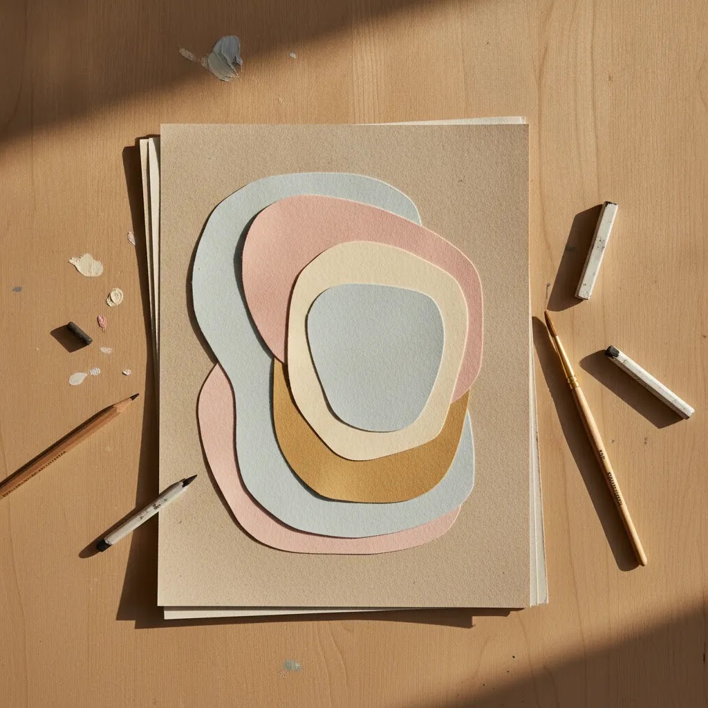Warm editorial flat lay with expressive art materials