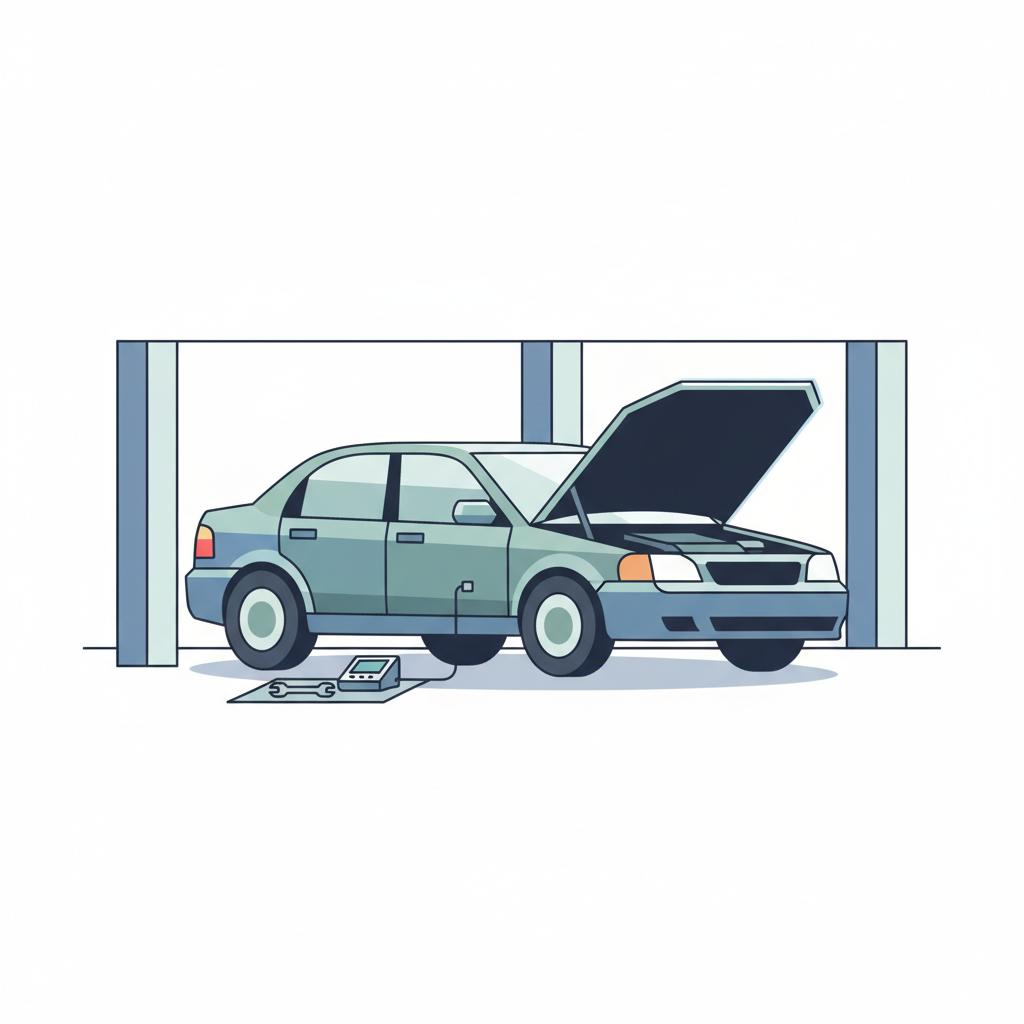 Minimal 2D vector of a used sedan with open hood and toolkit in a covered lot illustrating repossessed cars for sale in a clean CarFax Deals style