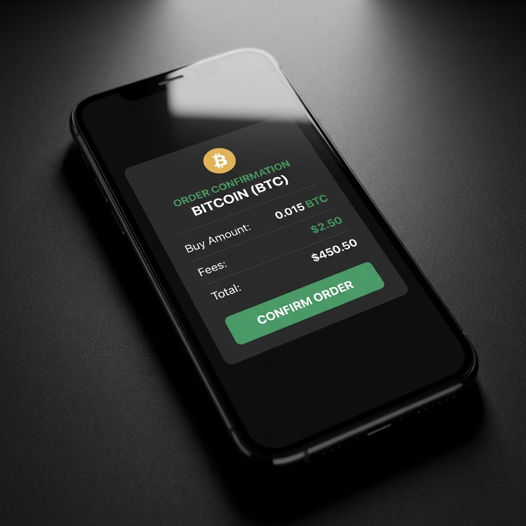 Close up mobile trading app screen showing bitcoin buy confirmation with clear amount and fee lines on dark Finance Police bg fidelity crypto trading