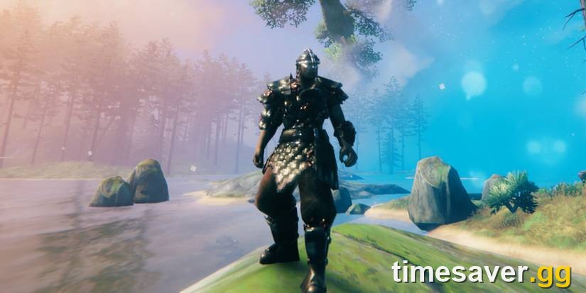 A Valheim character in heavy beetle-shell Carapace armor standing beside a river at dawn