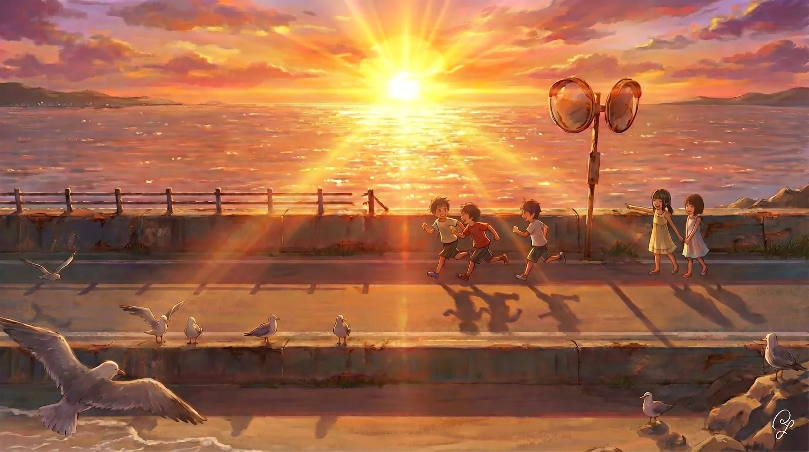 Kids Running Along The Ocean Road - Anime Digital Painting 5K Wallpaper (6689x3734)