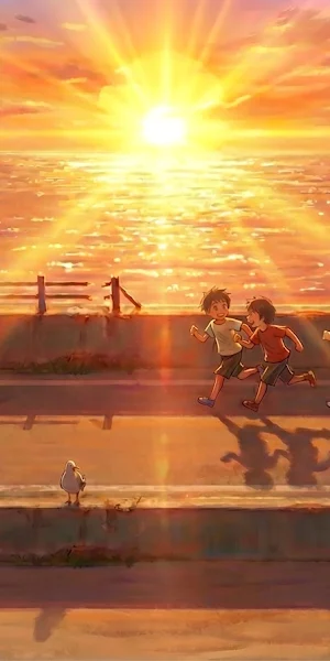 Kids Running Along The Ocean Road 5K Wallpaper Background