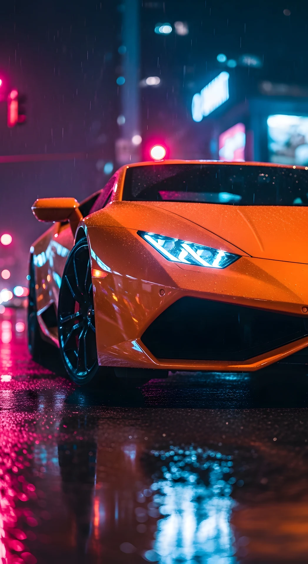 Neon Orange Sports Car on Wet City Street at Night - Free 4K mobile Wallpaper