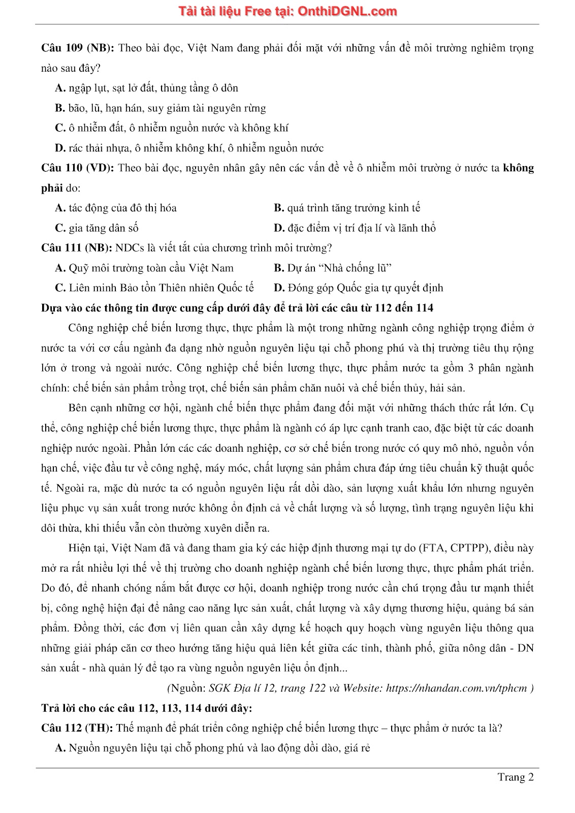 250 bài tập môn Địa Lý - Ôn thi ĐGNL ĐHQG TP HCM Phần 18