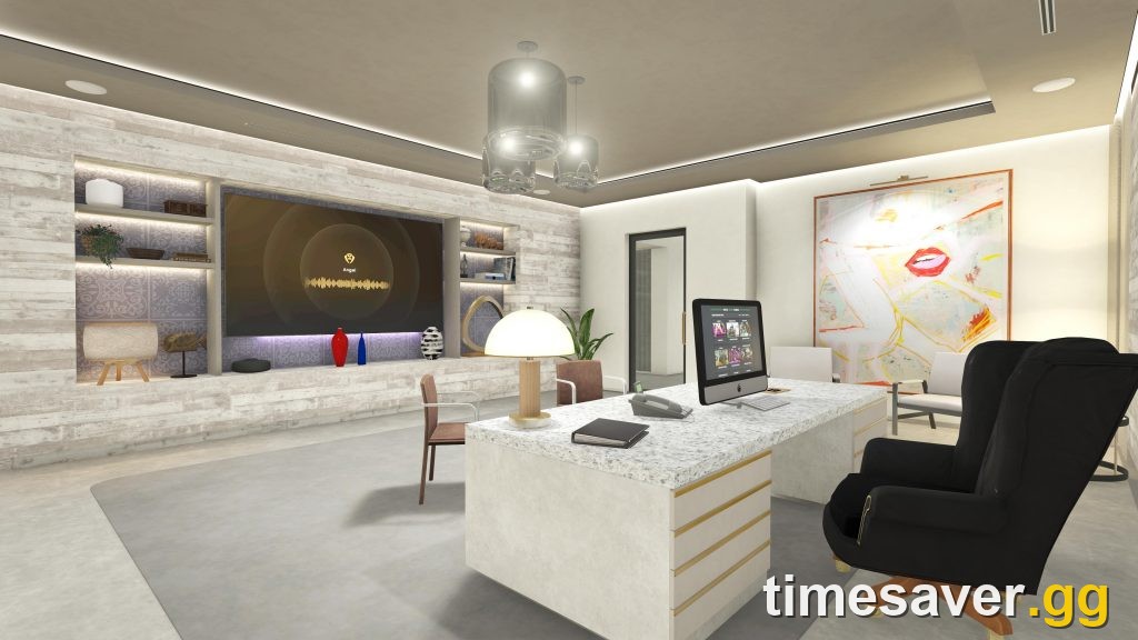 GTA Online mansion interior office with the Master Control Terminal desk
