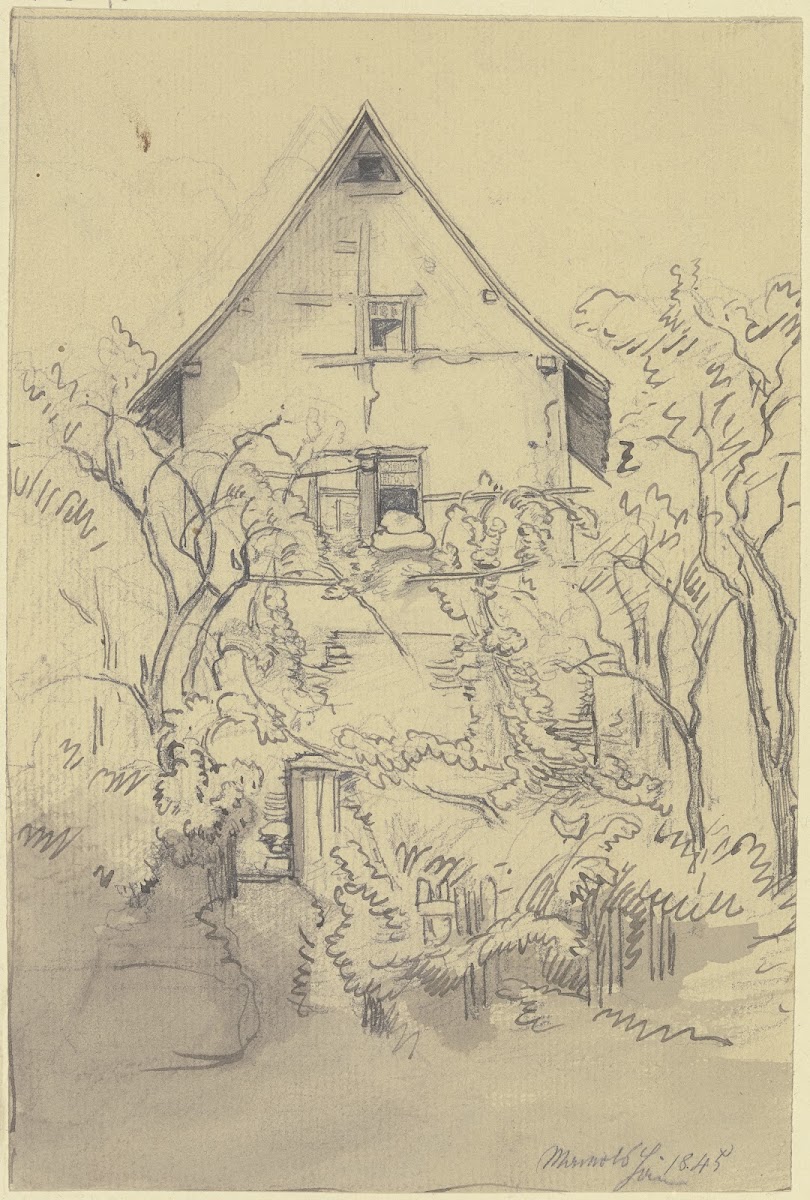 Haus zwischen Bäumen im Fenster liegt Bettzeug 1845