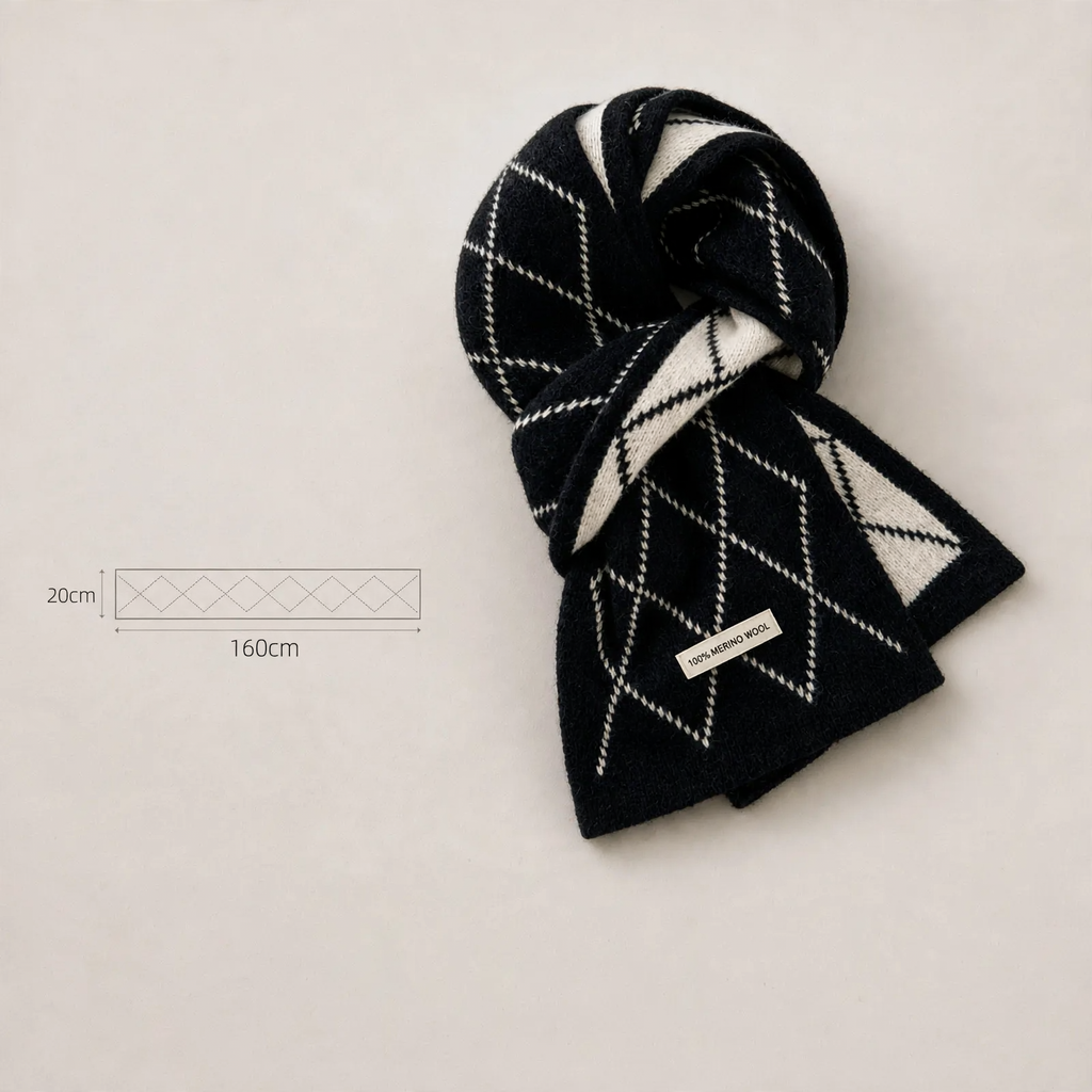 Diamond Pattern Merino Wool Scarf, 20x160 cm