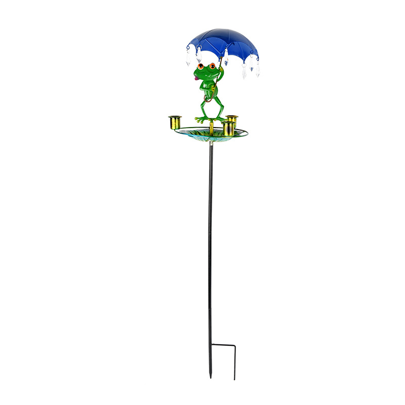 Decorative frog birdbath with iron umbrella