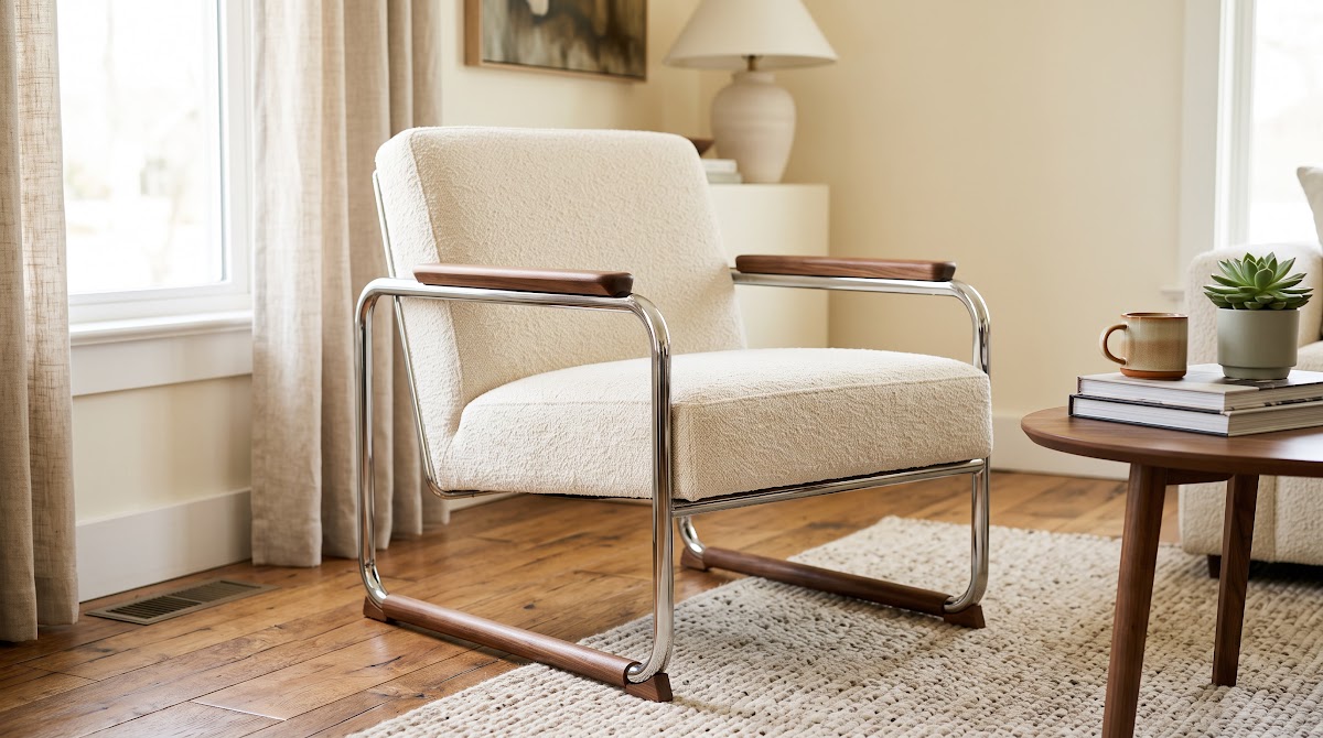 How to Soften Chrome Accent Chairs With Warm Textiles - chrome wood textile and neutral color palette mood board