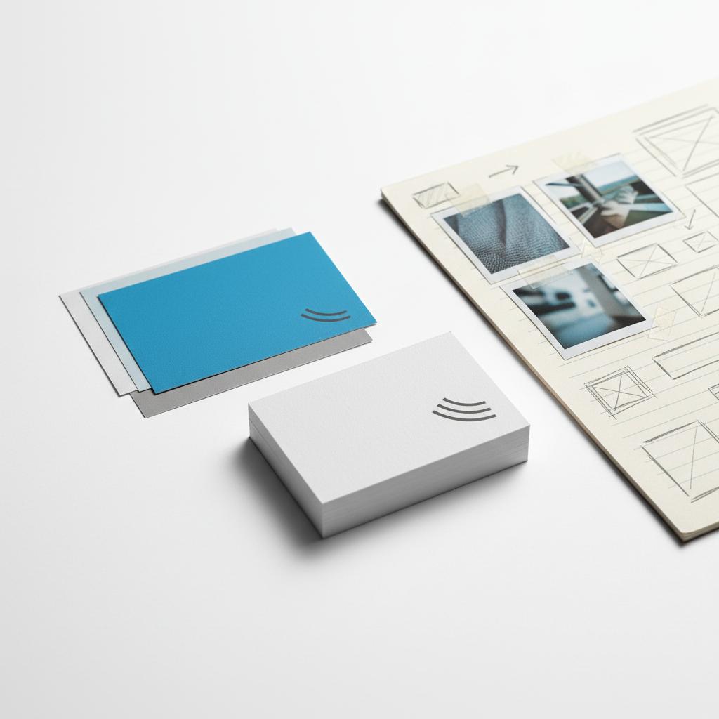 Close-up of minimalist branding artifacts on white background with color swatches (one in #1a5bfb), folded business card corner, and lined moodboard with taped photos &mdash; full branding package concept.