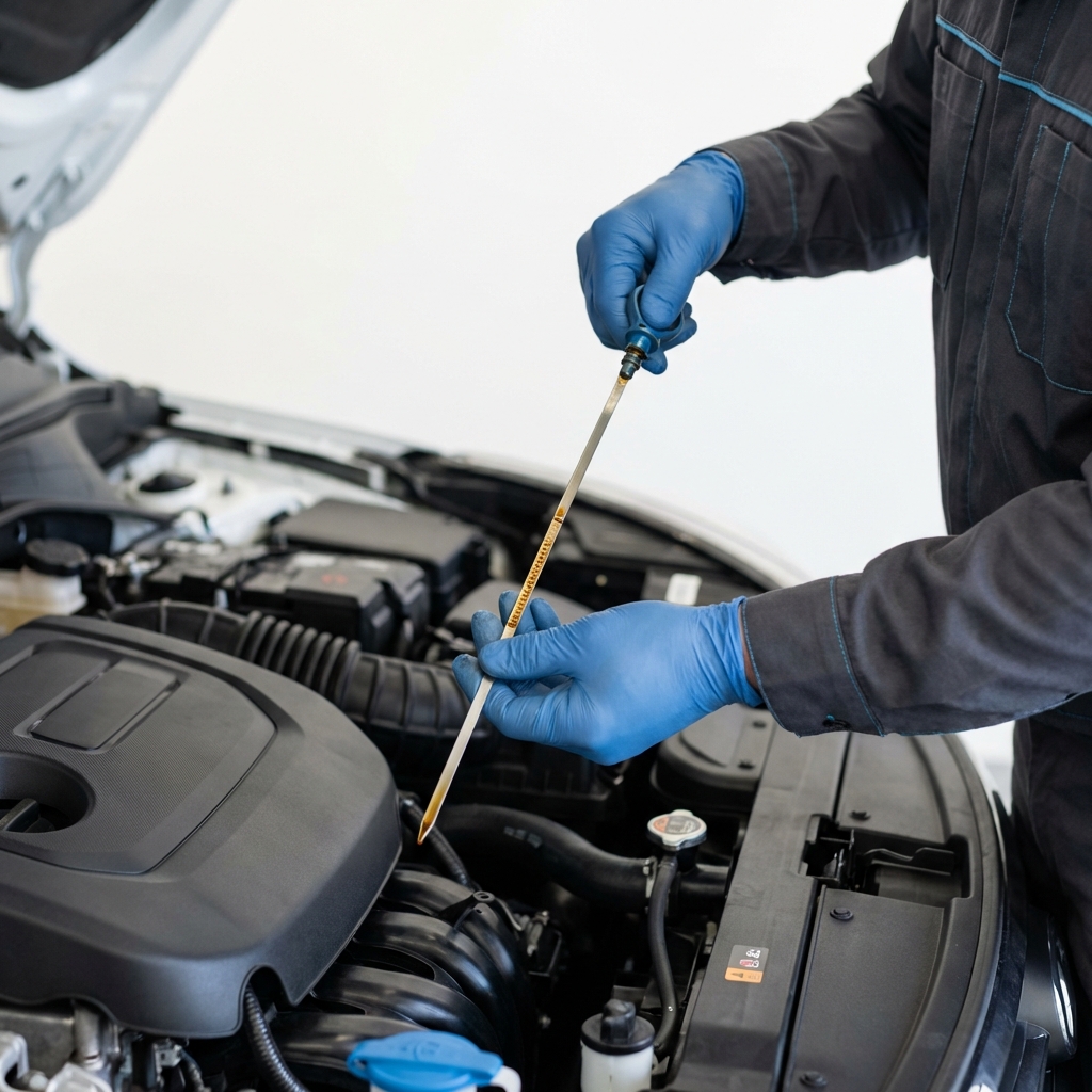Close up of mechanic checking engine oil level on a compact SUV dipstick visible mazda cx 5 for sale