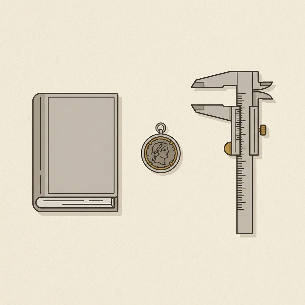 Minimalist 2D vector flat lay of a coin mounted ring beside a numismatic reference book and measuring calipers on a cream background in Aurora Antiqua palette greek coin rings