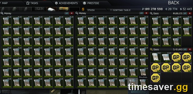 A Tarkov stash filled with rouble stacks — where a well-sequenced early quest run leads