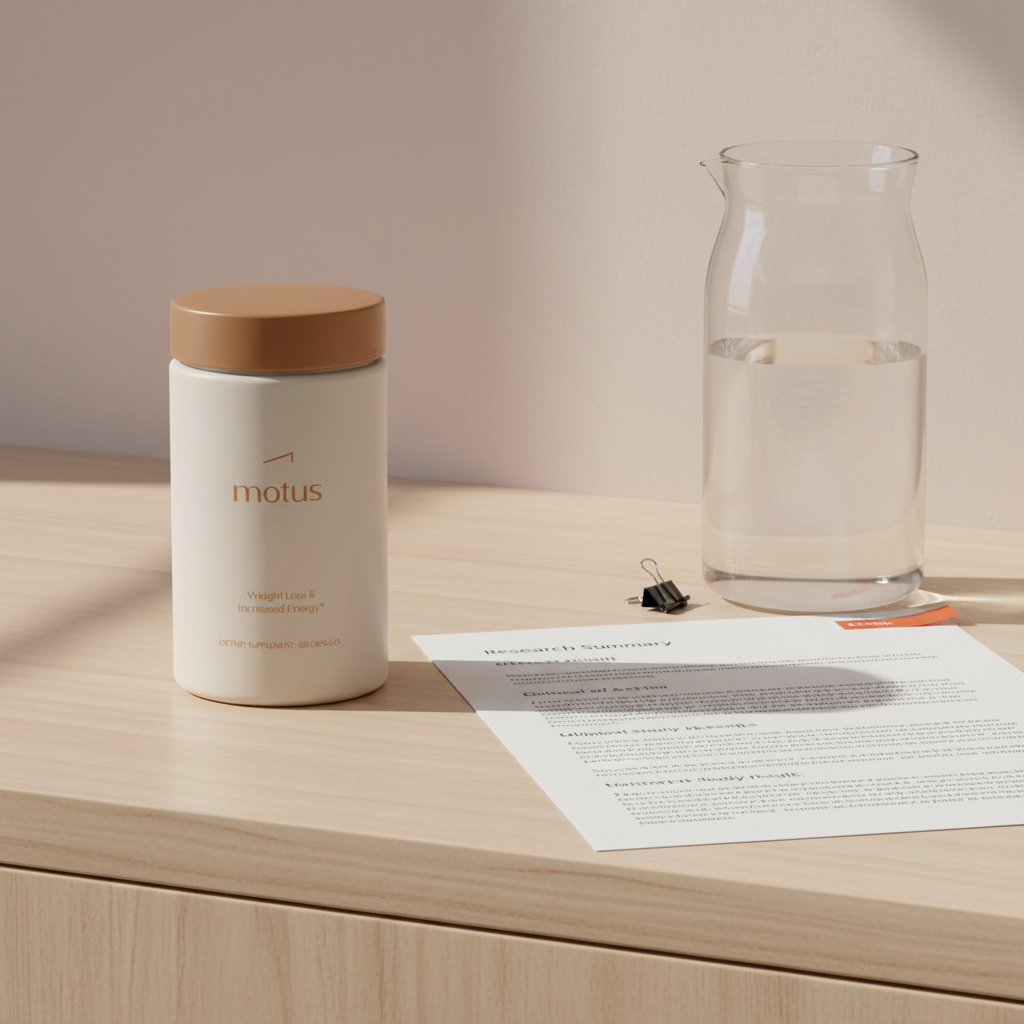 Tonum supplement jar on a pale wooden counter next to a printed research summary and glass carafe, minimalist clinical scene focused on probiotics and endocarditis
