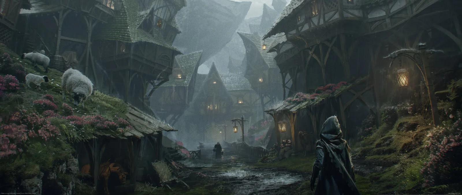 Fable Hooded Figure In Misty Village - Fantasy Concept Art 4K Wallpaper (5120x2160)