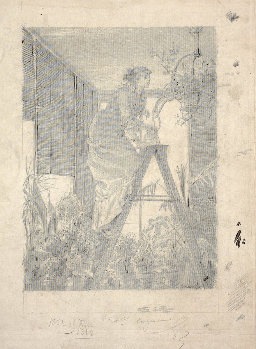 Woman watering flowers hanging from a lamp chandelier 1882