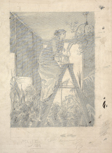 Woman watering flowers hanging from a lamp chandelier 1882
