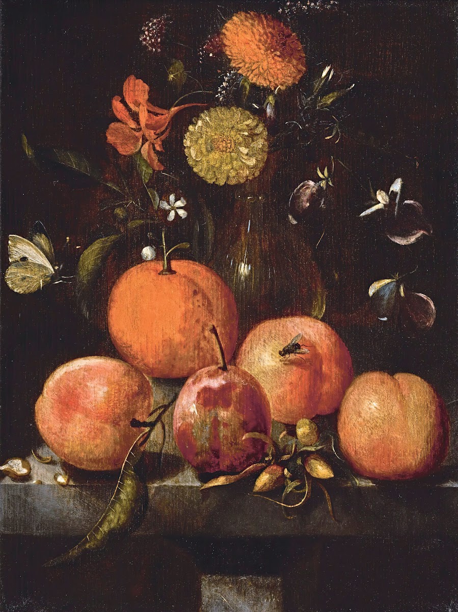 Still life with plums an orange a cabbage white butterfly and flowers in a glass