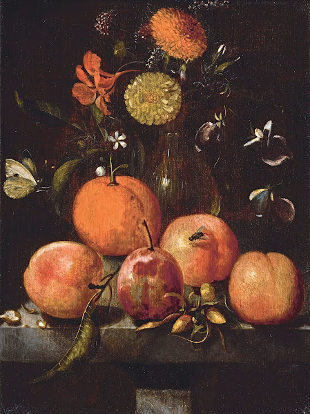 Still life with plums an orange a cabbage white butterfly and flowers in a glass