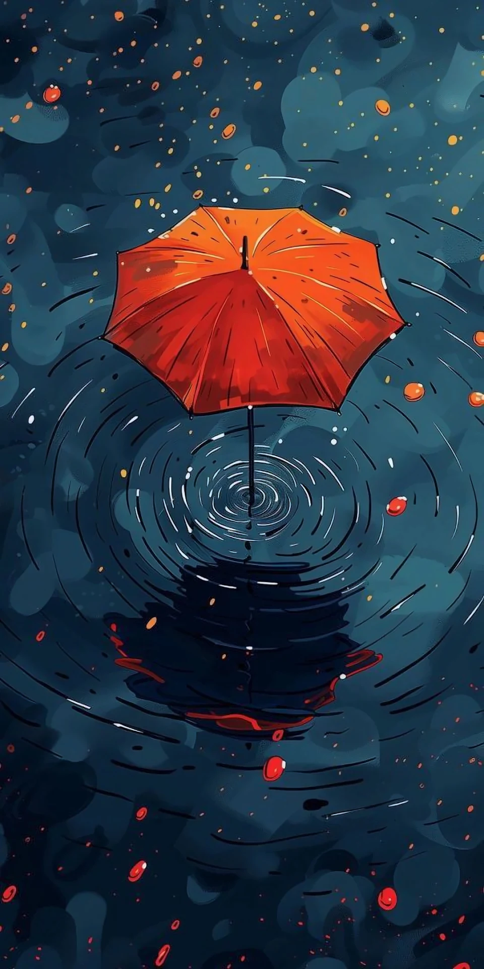 Orange Umbrella in Dark Raining Water Illustration Art - Free 4K mobile Wallpaper