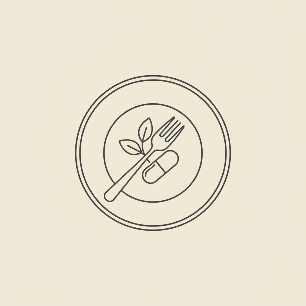Minimalist vector line illustration of a plate with fork, small capsule and herb sprig on beige background — how long does it take to get rid of sugar cravings