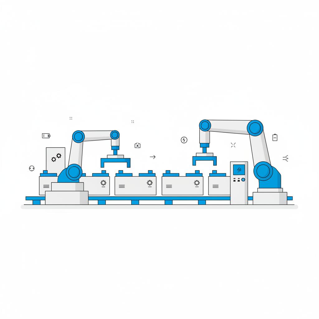 Minimalist 2D vector of an EV battery assembly floor with white background and blue accents showing battery modules and equipment is nissan in trouble 2025