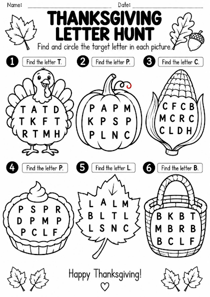 Thanksgiving Letter Hunt Worksheet
