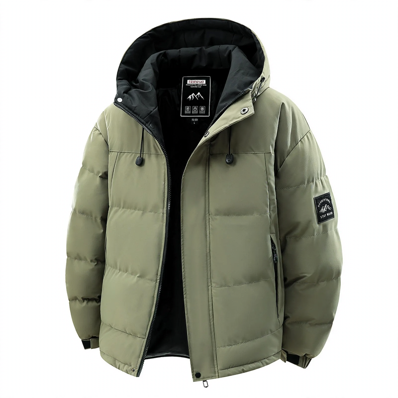 Insulated men's winter jacket with hood and wind protection