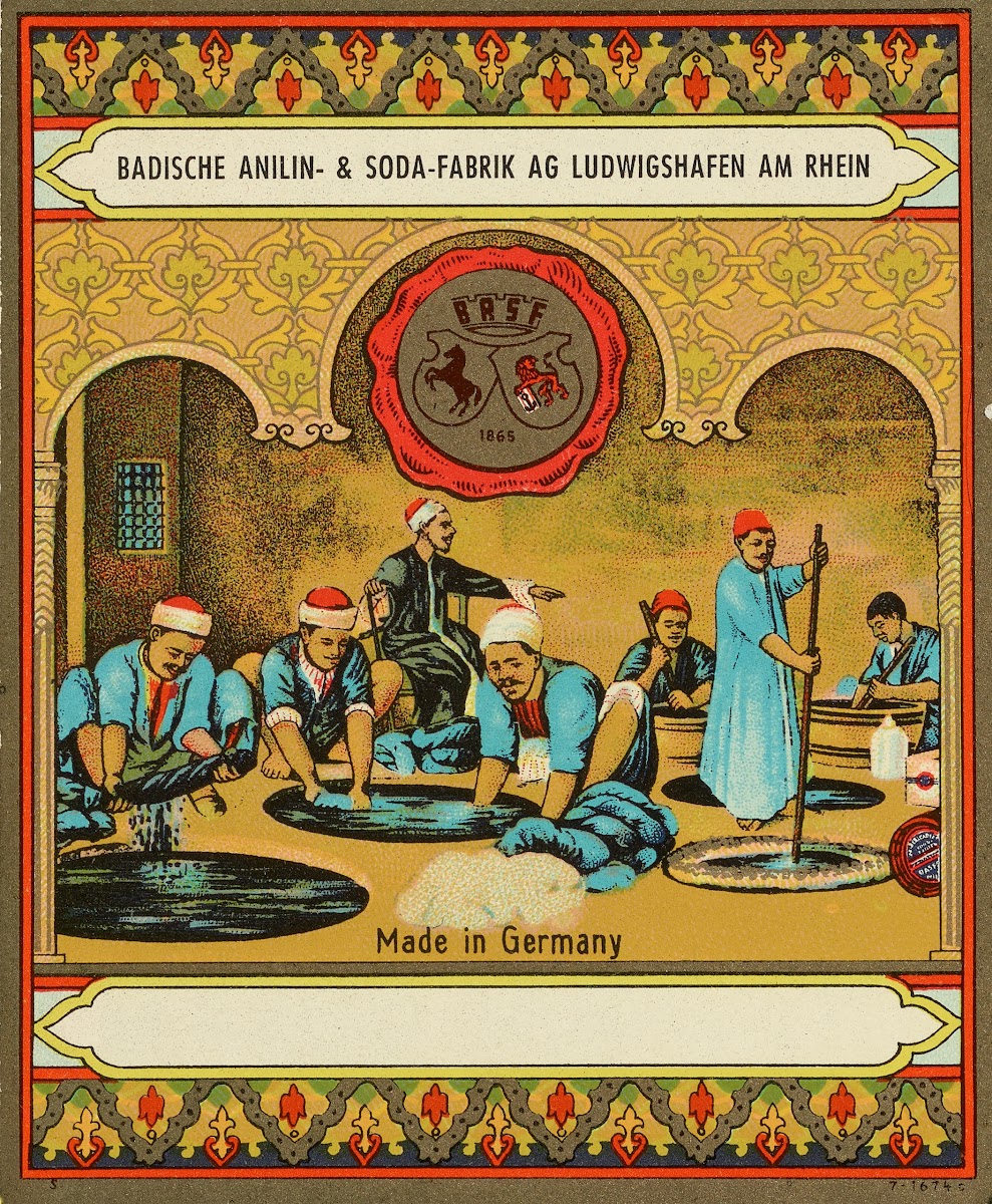 Badische Anilin  Soda Fabrik dye label with indigo dye workers Circa 1900