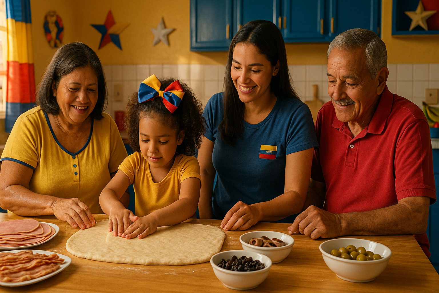 Familia venezolana horneando pan de jamón en una cocina cálida, sonriendo y trabajando en equipo.