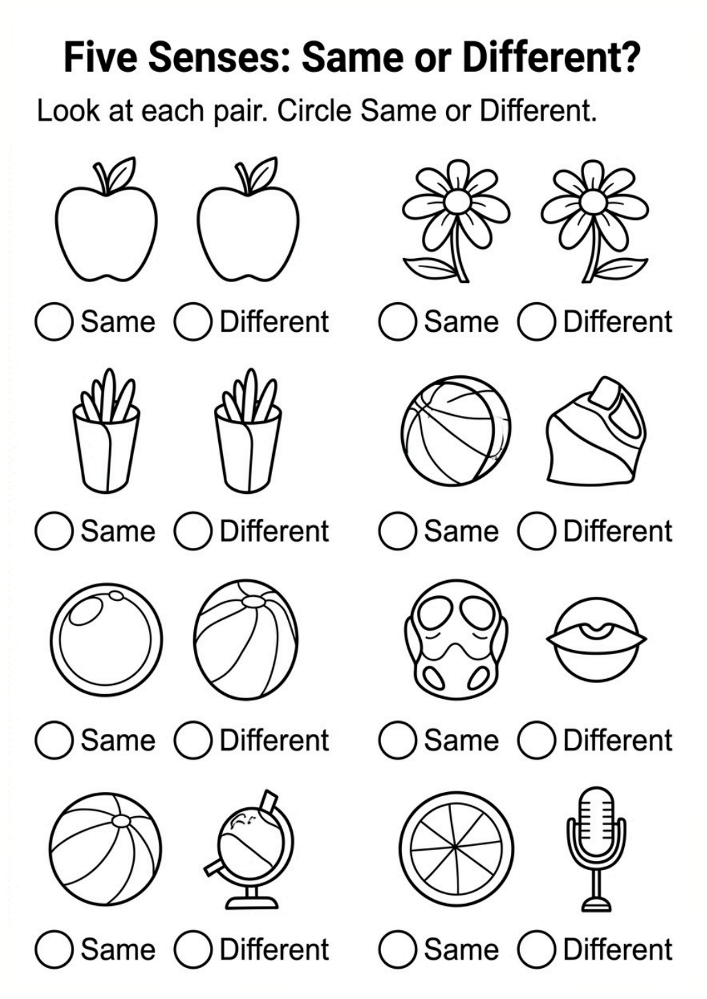Five Senses: Same or Different? Worksheet