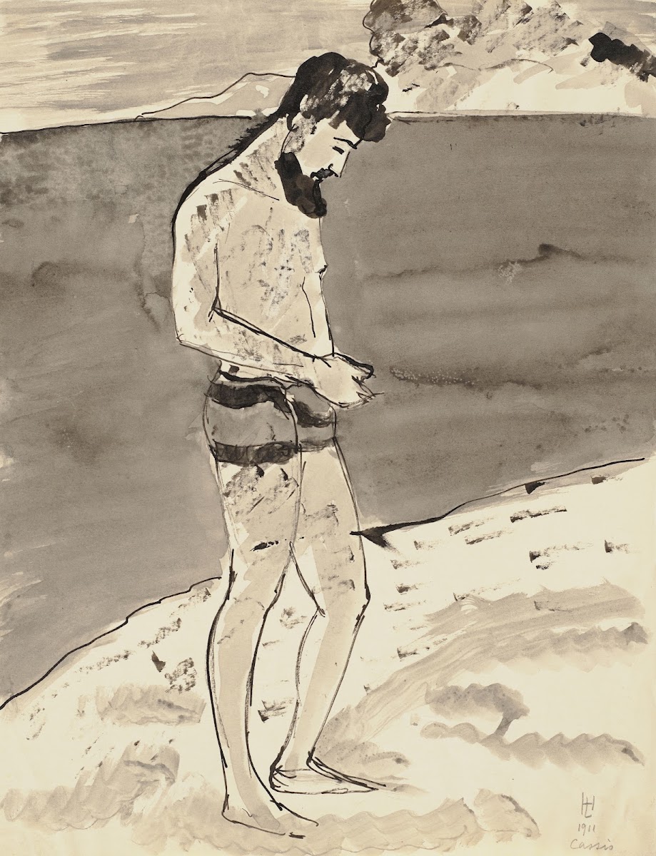 Bärtiger Mann in Badehose an der Côte dAzur 1911