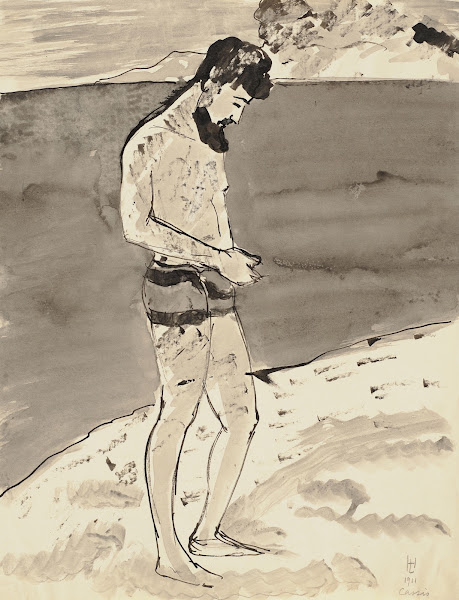 Bärtiger Mann in Badehose an der Côte dAzur 1911