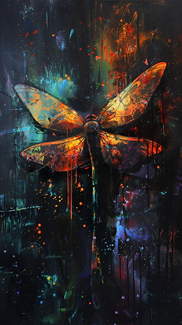 Neon Dragonfly Abstract Painting, Dark Splatter Art