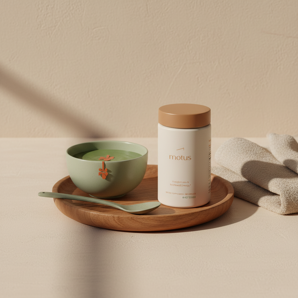 Minimal still-life of a Tonum Motus bottle on a wooden tray beside a green smoothie bowl and beige towel, calm wellness scene for weight loss — best greens powder