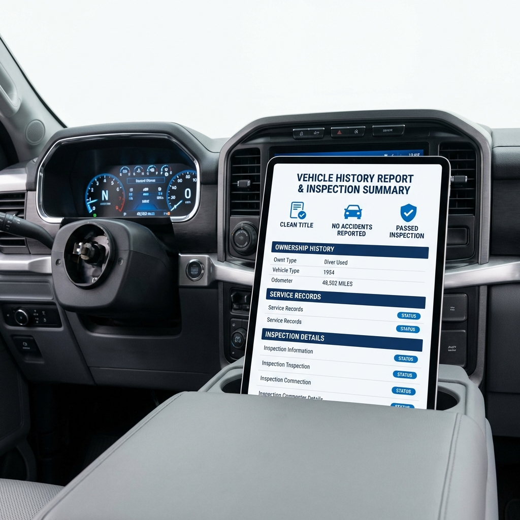 Close up pickup truck dashboard and odometer with tablet showing a vehicle history report and inspection details for pick up trucks for sale CarFax Deals minimalist styling