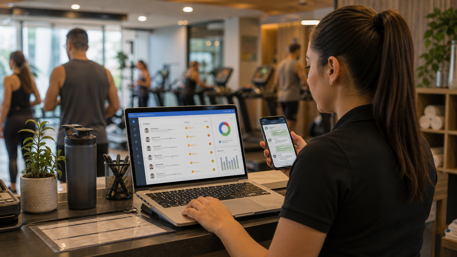 Personal de gimnasio revisando socios en riesgo y mensajes de seguimiento