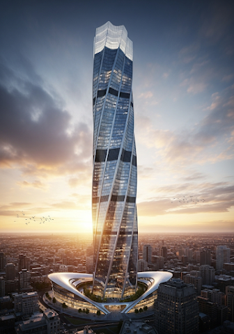 Futuristic Spiraling Skyscraper at Sunset