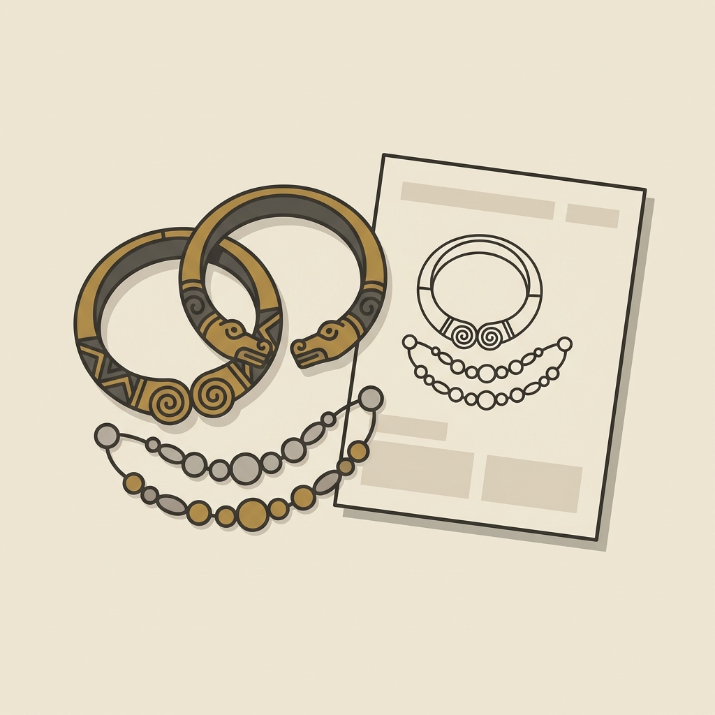 Minimalist 2D vector of old viking jewelry arm rings and bead strings arranged beside a printed museum catalogue page on a warm beige background