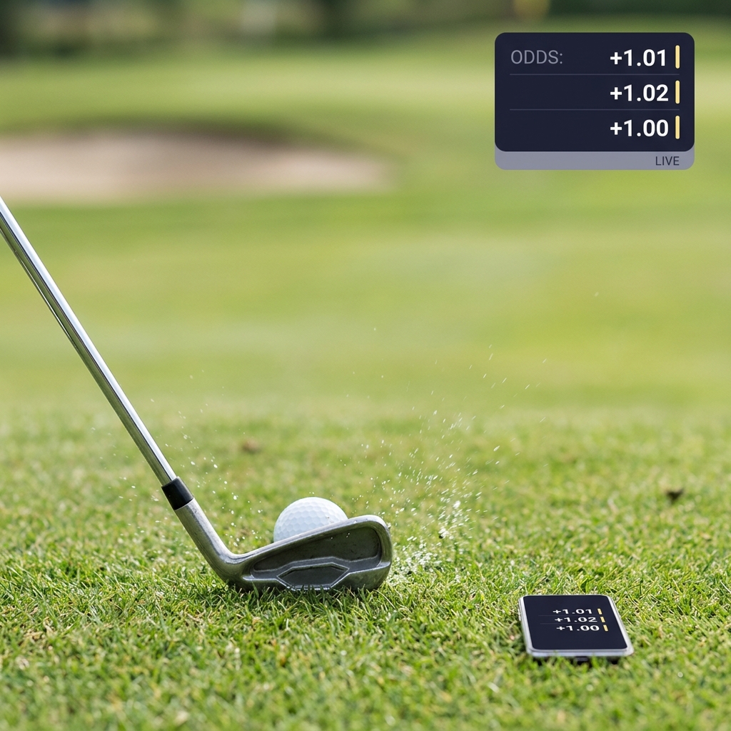 Close up golfer mid shot with subtle minimal live odds overlay and a small mobile device showing shifting odds for live golf betting natural daylight clean composition