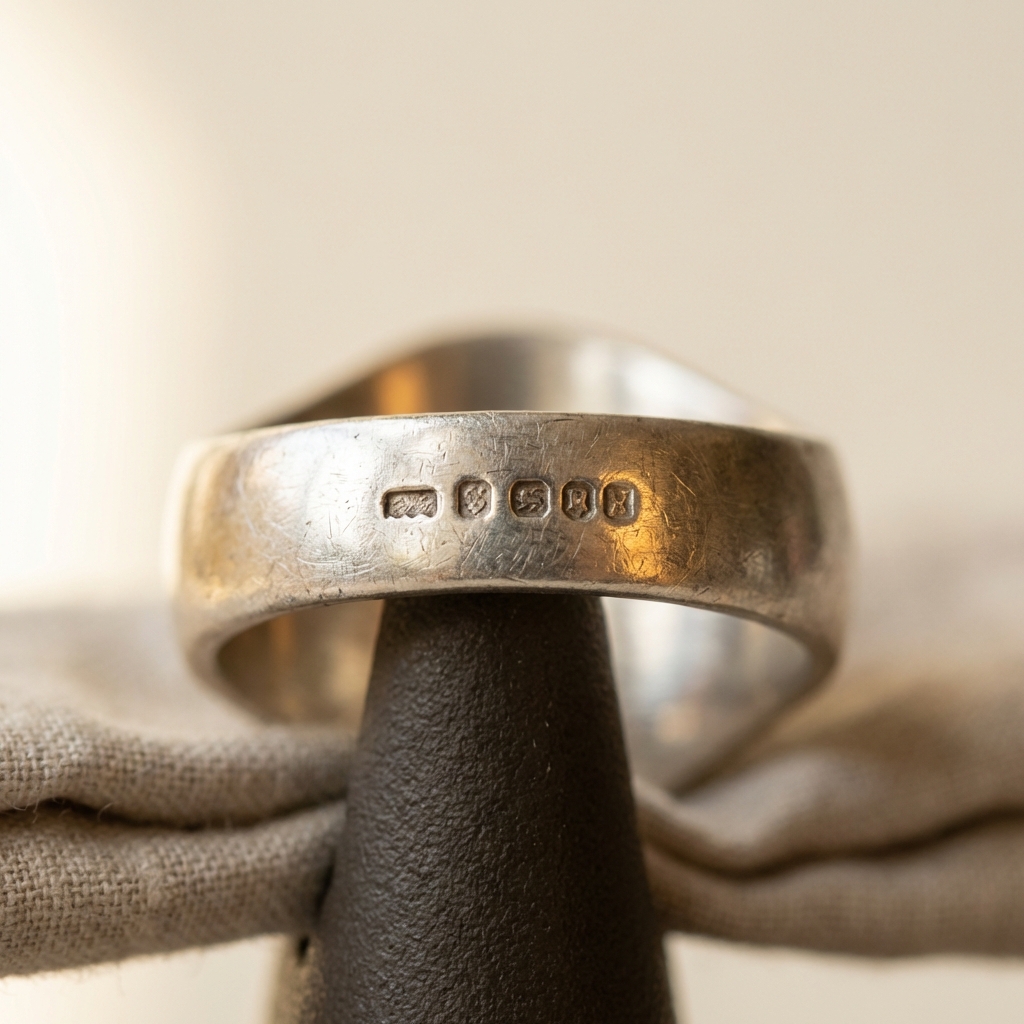 Macro detail of hallmarks on a worn silver band centered on a cream background minimalist composition showing antique widows ring with warm accent reflections